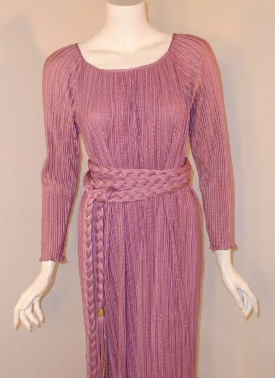 MARY MCFADDEN 1970s Mauve Pleated Gown,Rope Belt Size 10