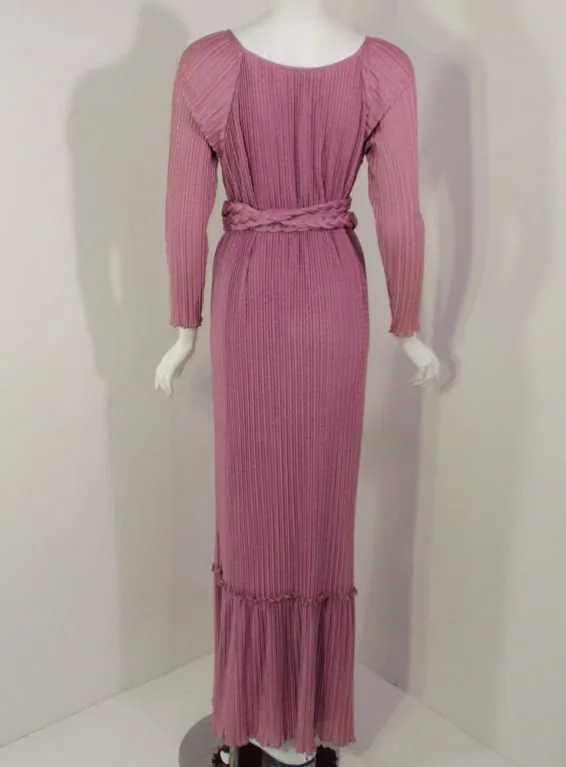MARY MCFADDEN 1970s Mauve Pleated Gown,Rope Belt Size 10