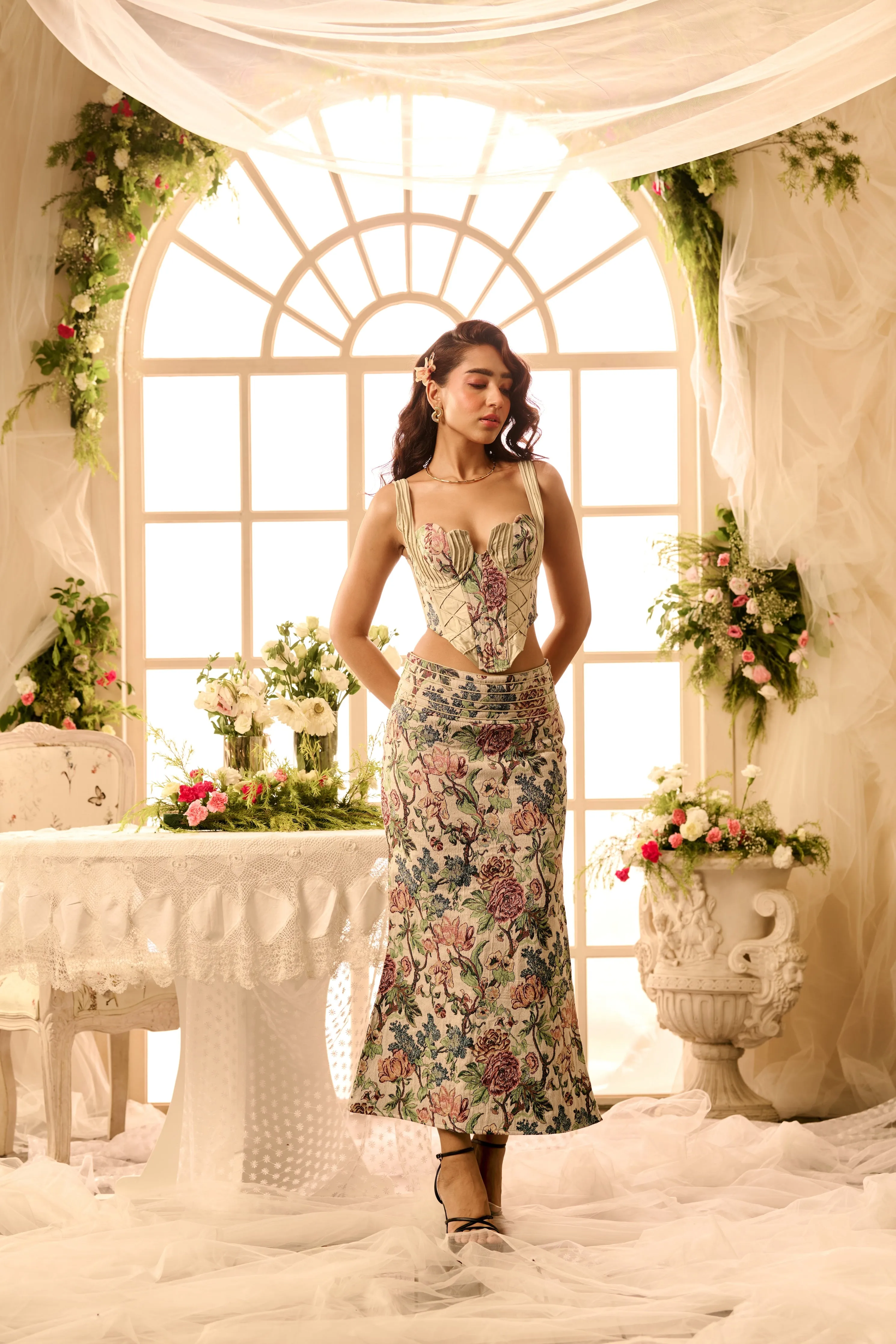 Mileva Floral Jacquard Corset Skirt Set
