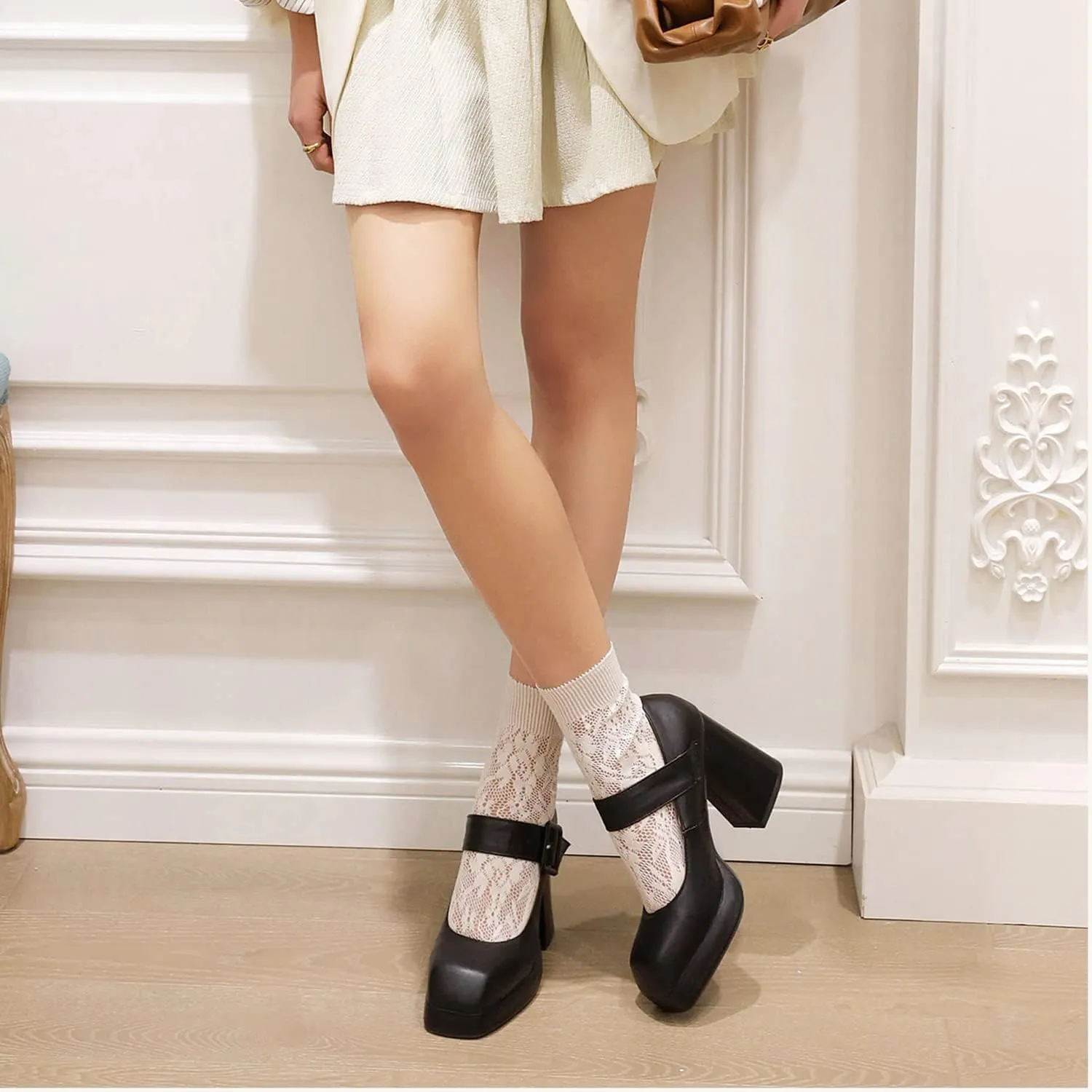 MOOMMO Women Classic Platform Mary Jane Heels Square Toe Chunky High Heel Mary Jane Shoes Ankle Strap Dress Lolita Pumps 4 Inch Block Heel Buckle Strap Sandals Party Casual Wedding Shoes 4-15 M US