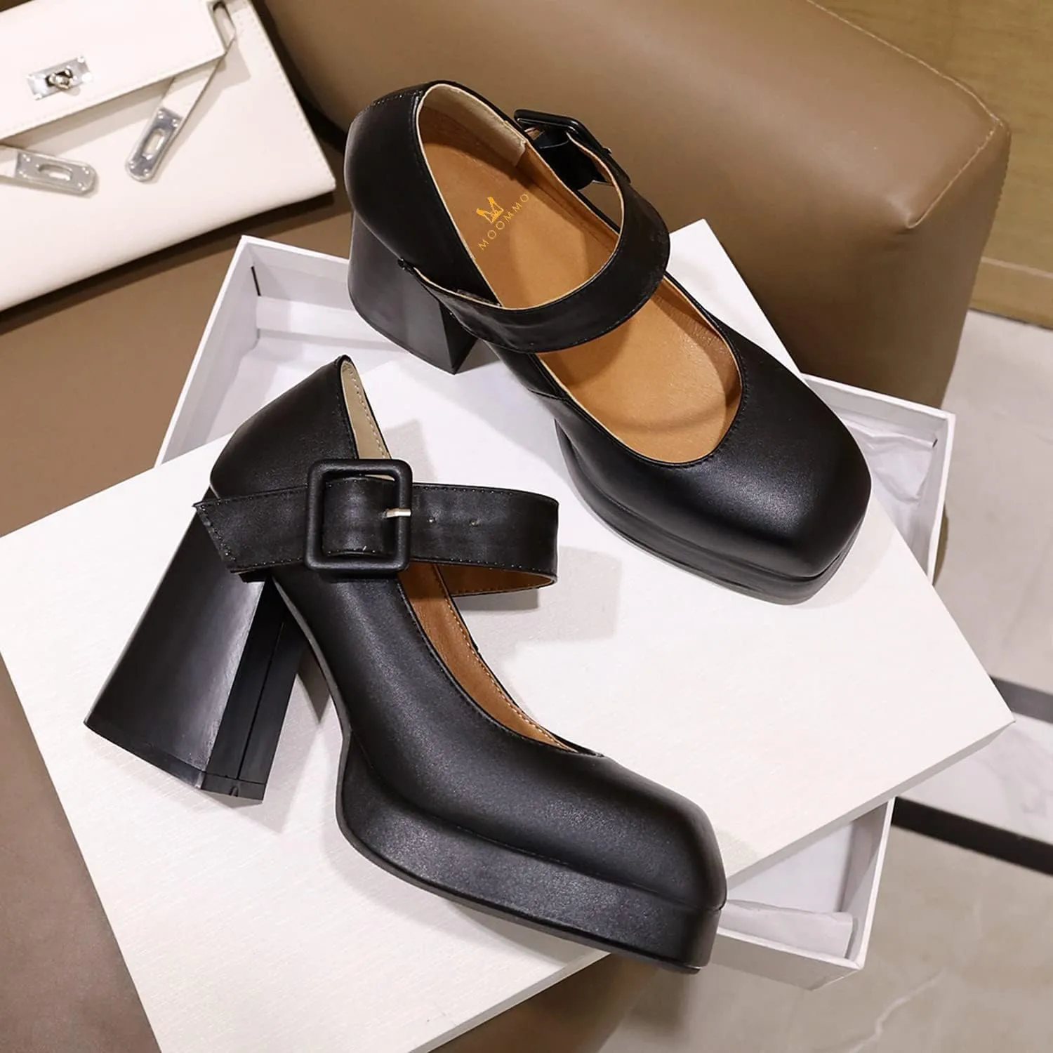 MOOMMO Women Classic Platform Mary Jane Heels Square Toe Chunky High Heel Mary Jane Shoes Ankle Strap Dress Lolita Pumps 4 Inch Block Heel Buckle Strap Sandals Party Casual Wedding Shoes 4-15 M US