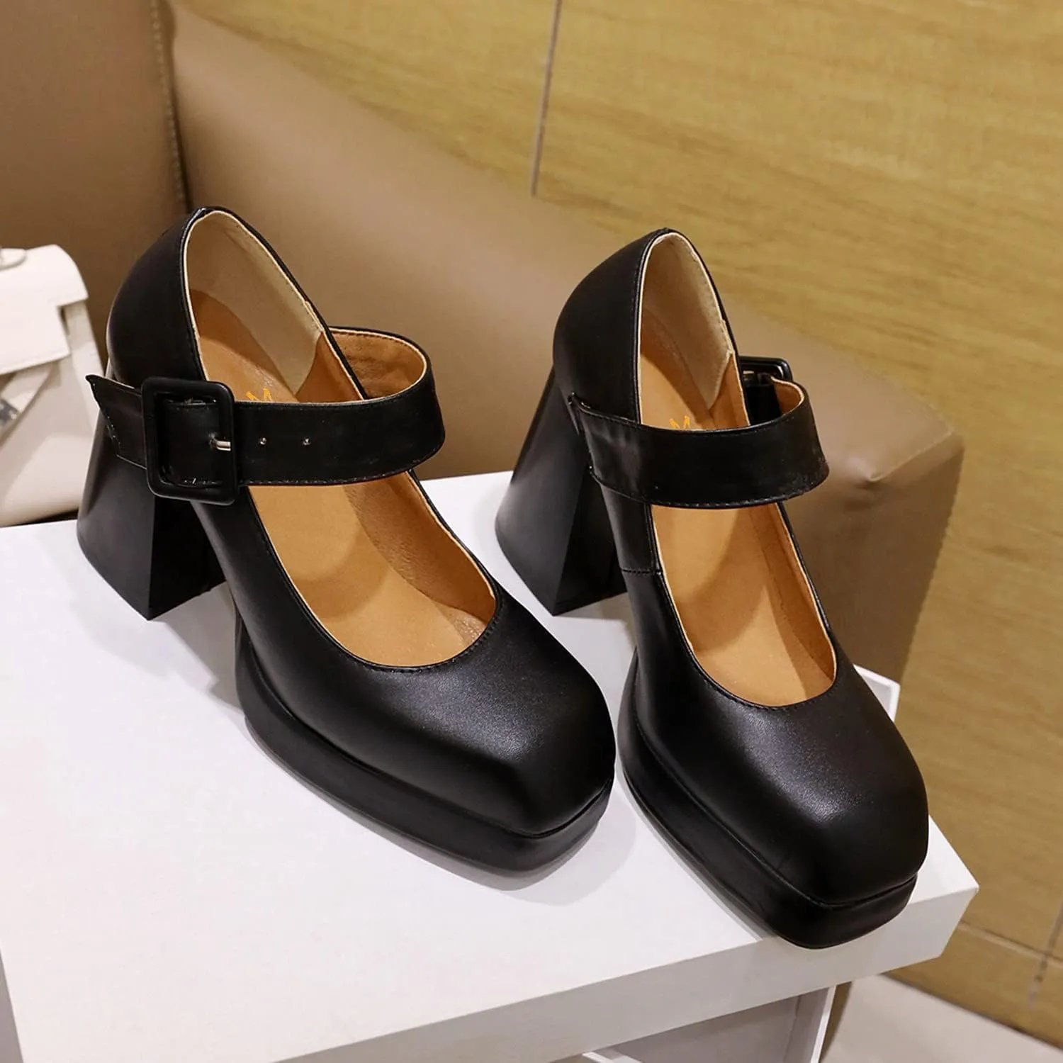 MOOMMO Women Classic Platform Mary Jane Heels Square Toe Chunky High Heel Mary Jane Shoes Ankle Strap Dress Lolita Pumps 4 Inch Block Heel Buckle Strap Sandals Party Casual Wedding Shoes 4-15 M US