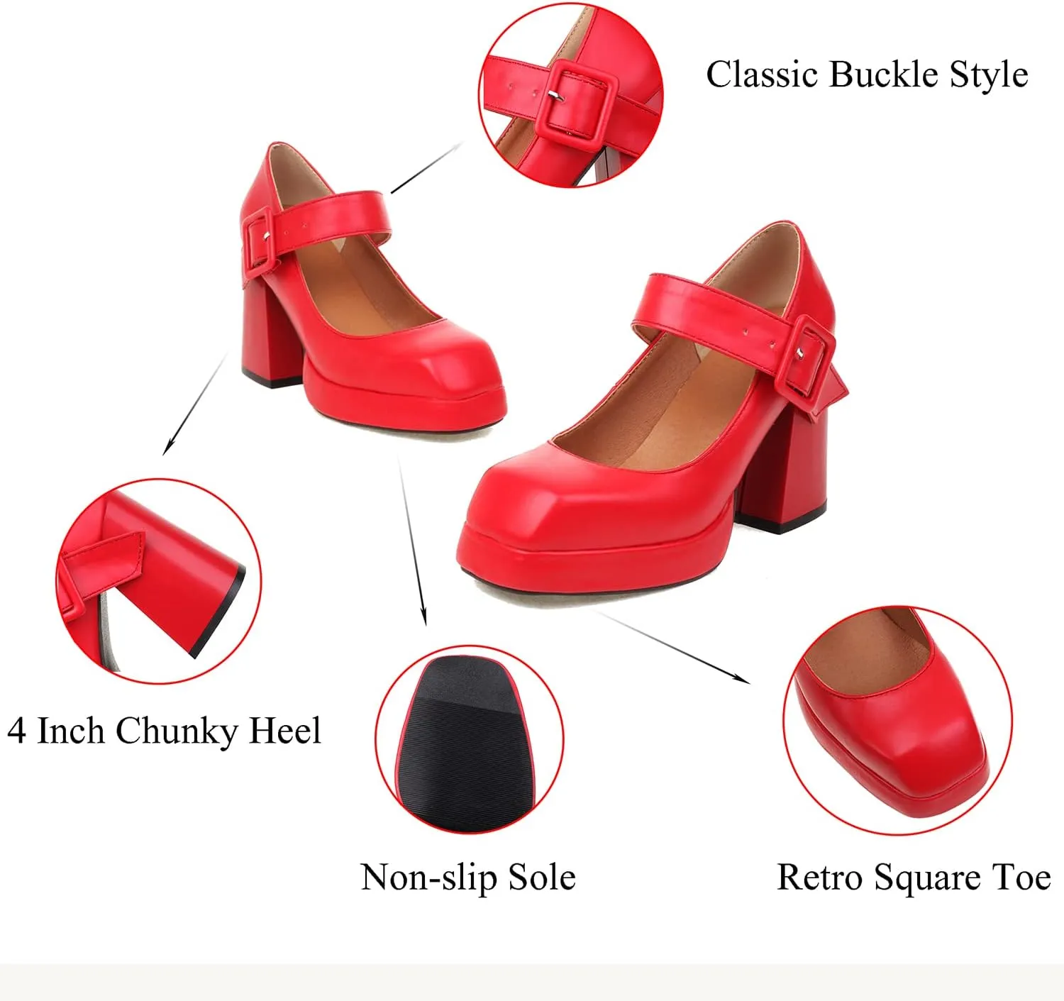 MOOMMO Women Classic Platform Mary Jane Heels Square Toe Chunky High Heel Mary Jane Shoes Ankle Strap Dress Lolita Pumps 4 Inch Block Heel Buckle Strap Sandals Party Casual Wedding Shoes 4-15 M US