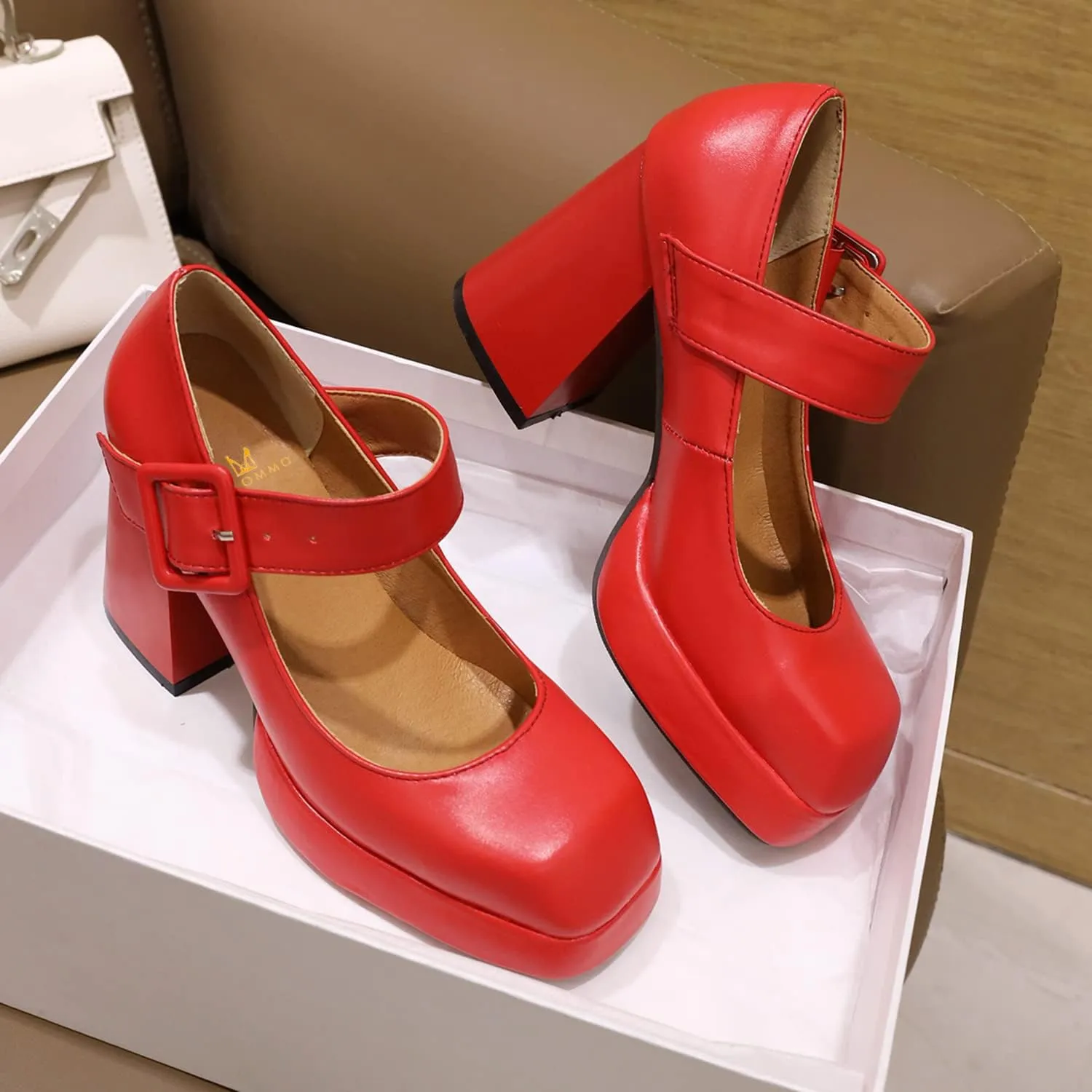 MOOMMO Women Classic Platform Mary Jane Heels Square Toe Chunky High Heel Mary Jane Shoes Ankle Strap Dress Lolita Pumps 4 Inch Block Heel Buckle Strap Sandals Party Casual Wedding Shoes 4-15 M US