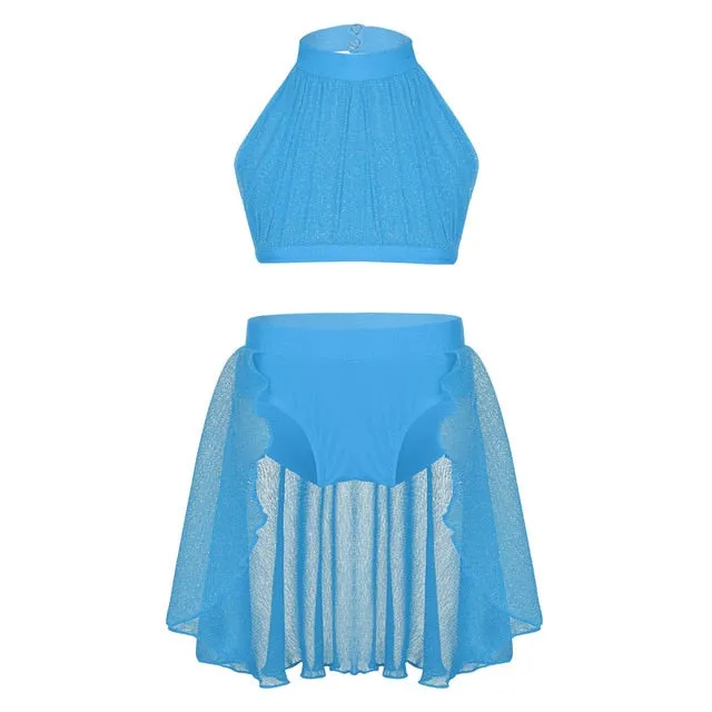 Obsessions #L100 Girls Lyrical High Neck Crop Top and Half Skirt-Two Piece Set