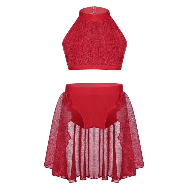 Obsessions #L100 Girls Lyrical High Neck Crop Top and Half Skirt-Two Piece Set