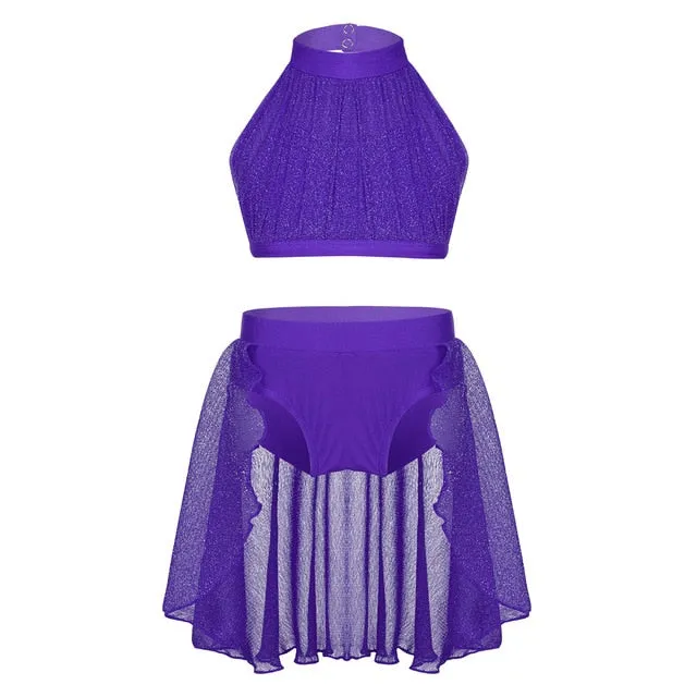 Obsessions #L100 Girls Lyrical High Neck Crop Top and Half Skirt-Two Piece Set