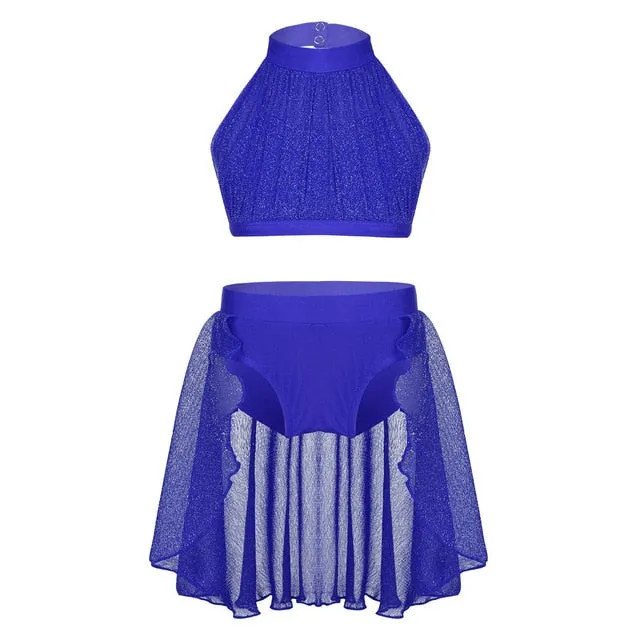 Obsessions #L100 Girls Lyrical High Neck Crop Top and Half Skirt-Two Piece Set