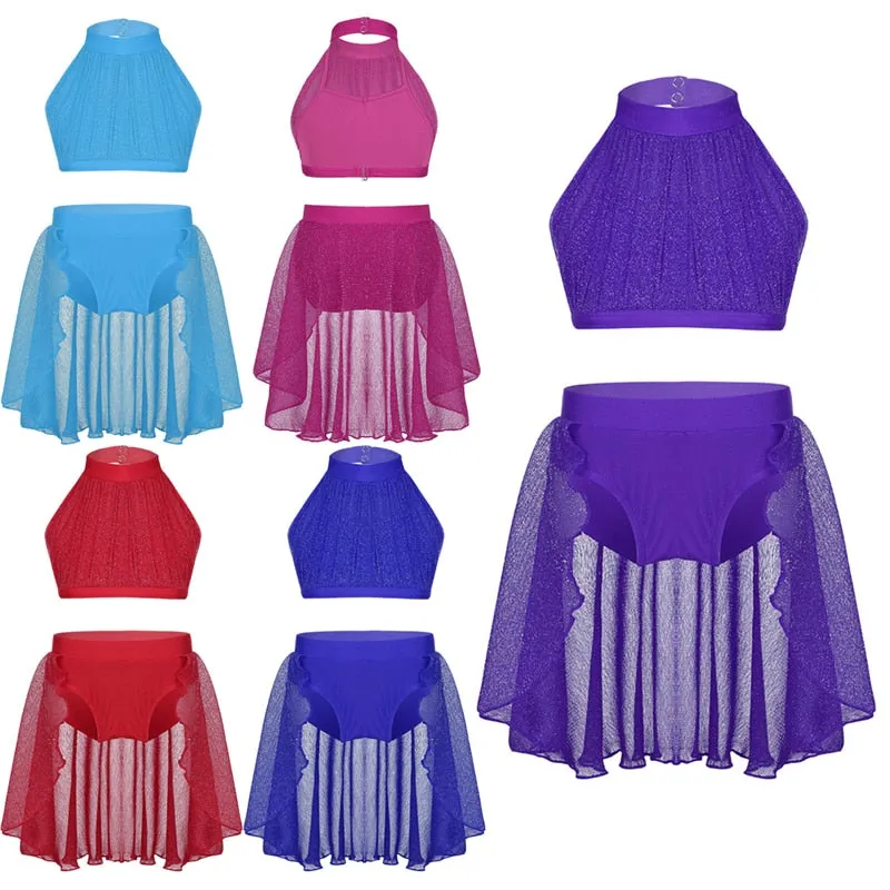 Obsessions #L100 Girls Lyrical High Neck Crop Top and Half Skirt-Two Piece Set