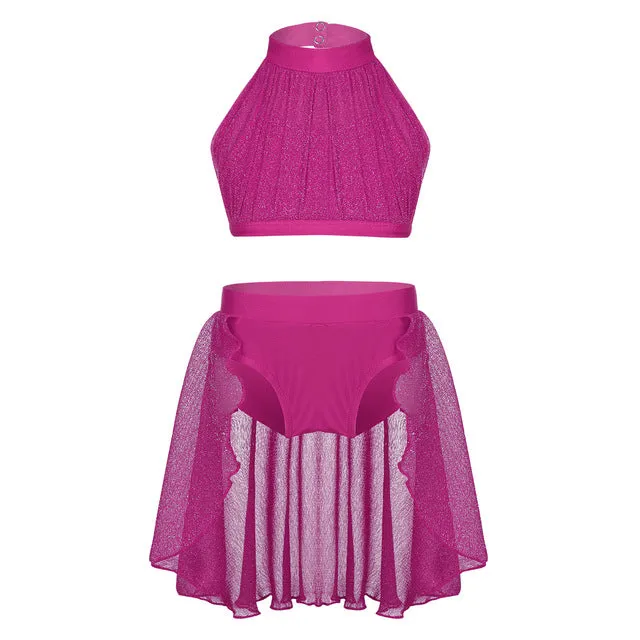 Obsessions #L100 Girls Lyrical High Neck Crop Top and Half Skirt-Two Piece Set