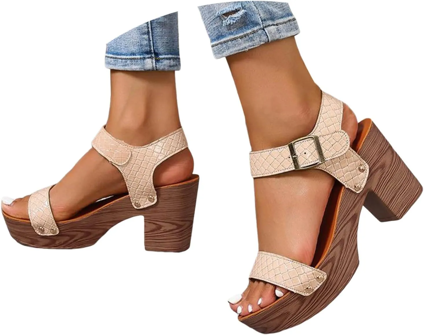 Platform Heels for Women Studded Platform High Heel Stylish Roman Block Heel Sandals with Buckle Ankle Strap