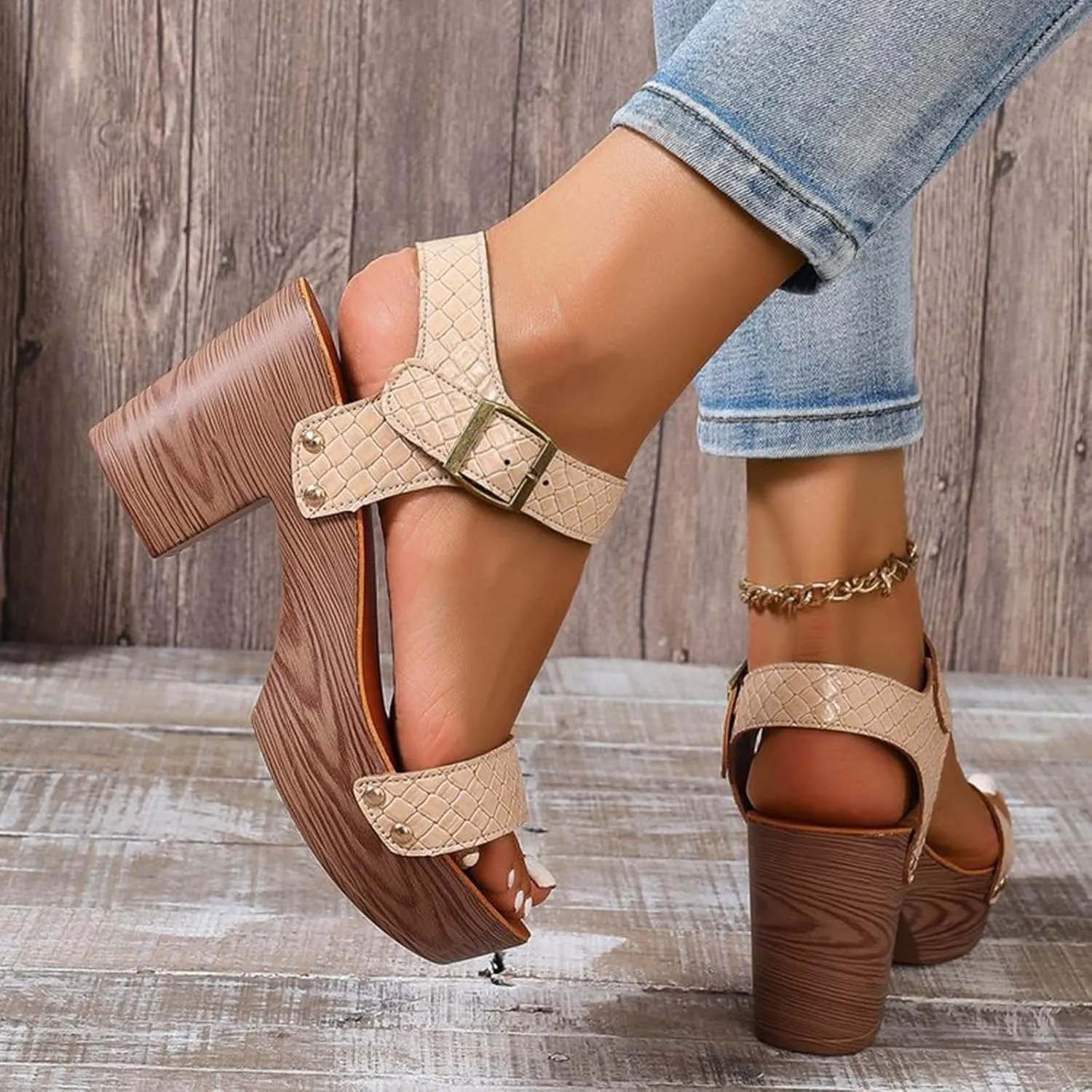 Platform Heels for Women Studded Platform High Heel Stylish Roman Block Heel Sandals with Buckle Ankle Strap