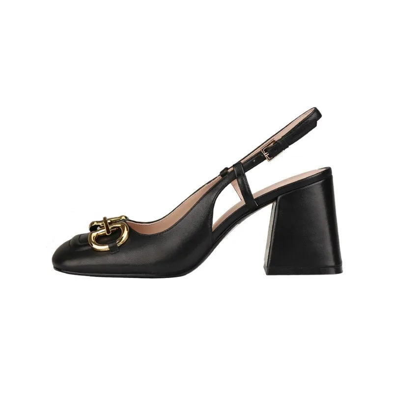 Purpdrank - Retro Thick Heel Nude Black Sandals Women Shoes Sexy Ankle Strap Metal Mary Janes Casual Slingback Pumps Dress Shoes For Woman