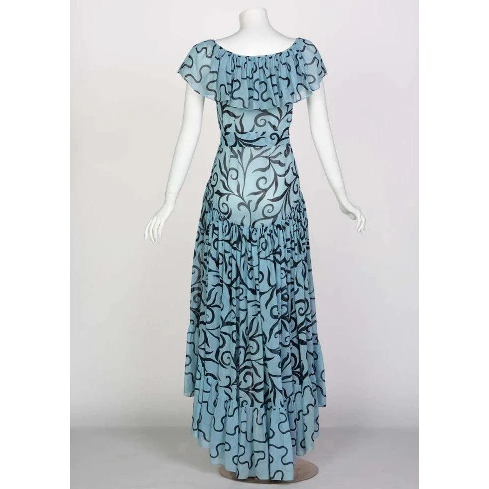 SAINT LAURENT Arabesque Print Blue Black Ruffle Collar Maxi Dress Ysl, 1980s | FR 38 - Small