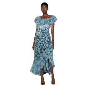 SAINT LAURENT Arabesque Print Blue Black Ruffle Collar Maxi Dress Ysl, 1980s | FR 38 - Small