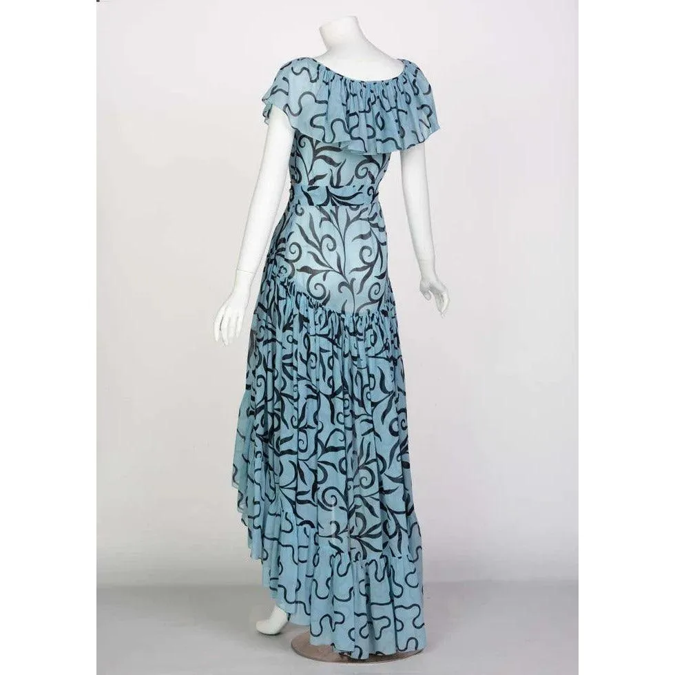 SAINT LAURENT Arabesque Print Blue Black Ruffle Collar Maxi Dress Ysl, 1980s | FR 38 - Small