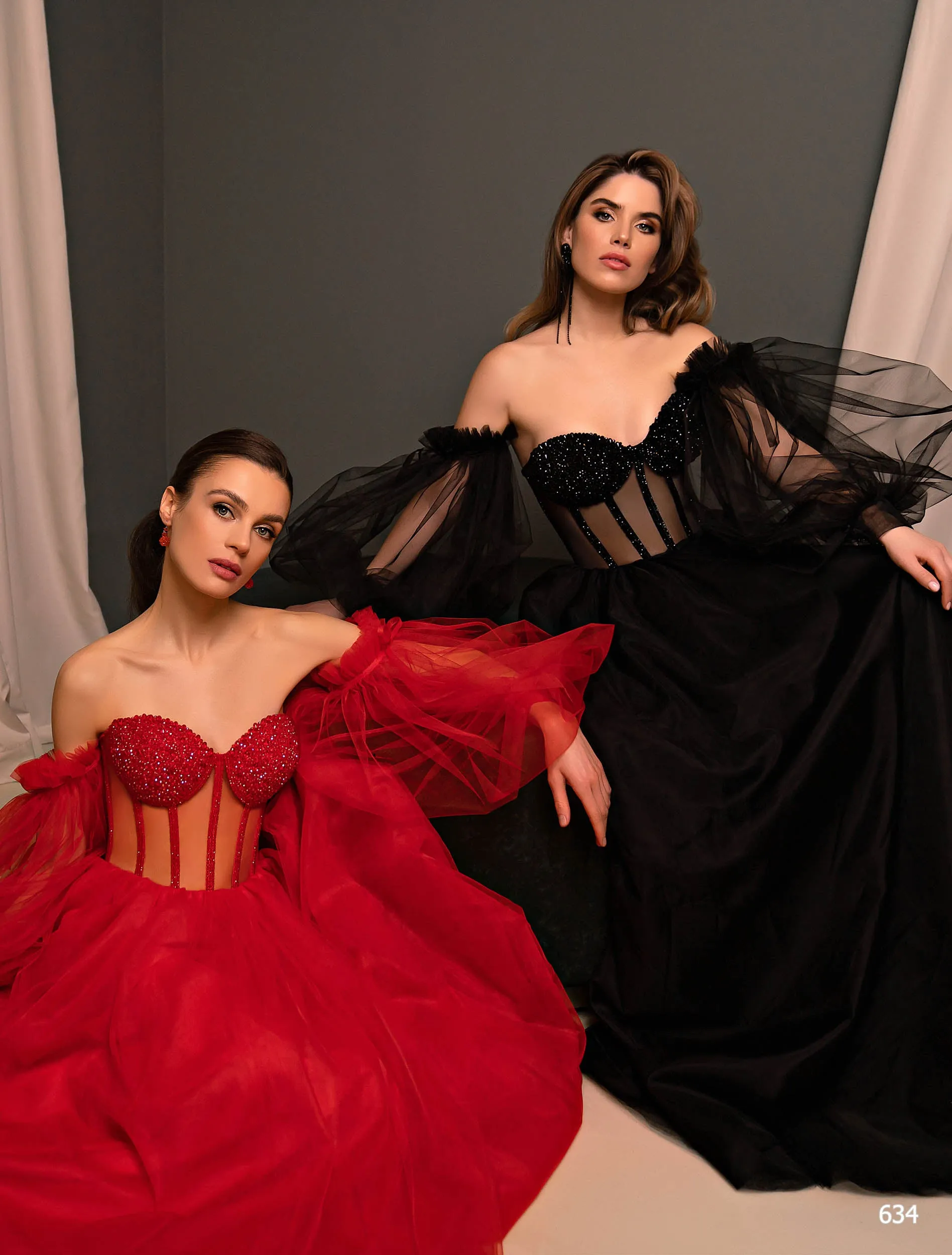 Sensual Off Shoulder Evening Gown with Semi-Transparent Bustier