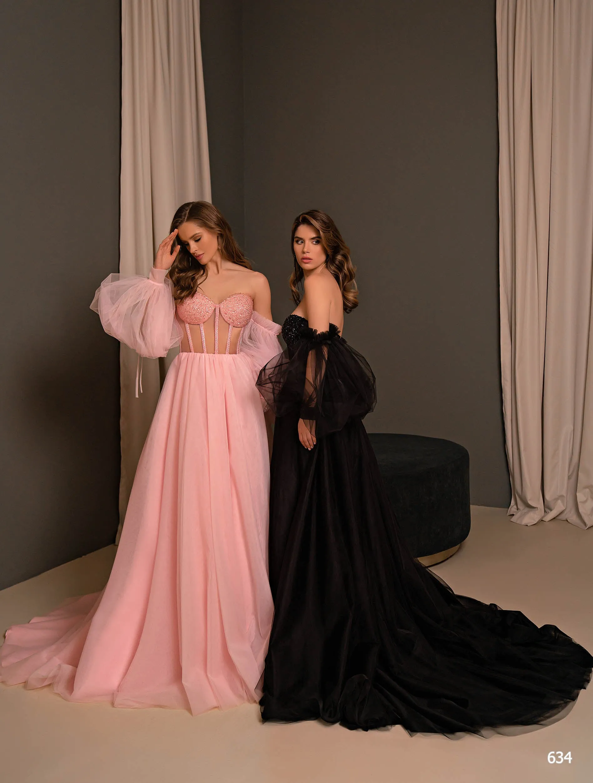 Sensual Off Shoulder Evening Gown with Semi-Transparent Bustier