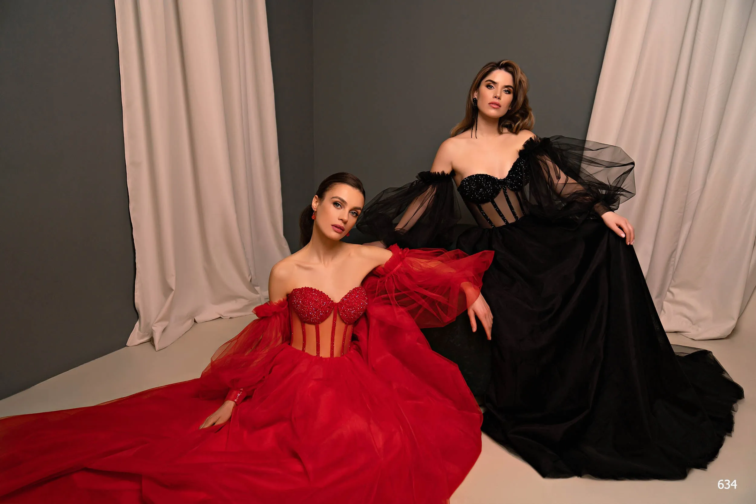 Sensual Off Shoulder Evening Gown with Semi-Transparent Bustier