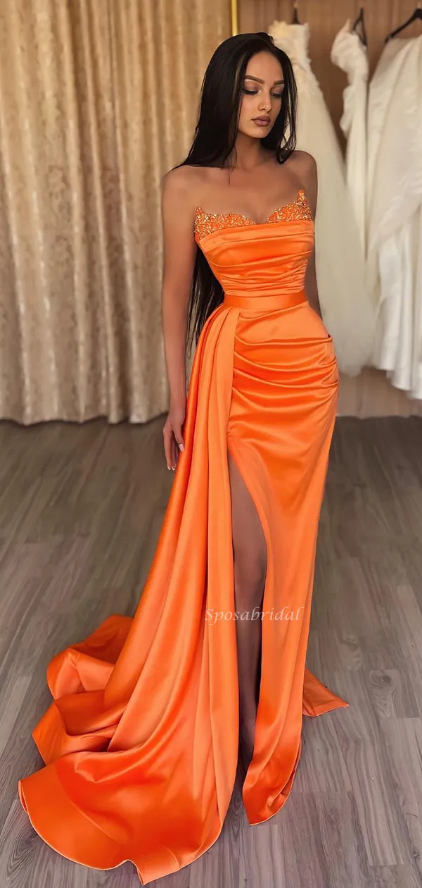 Sexy Orange Sweetheart Strapless Side-slit Mermaid Long Prom Dress, PD3532