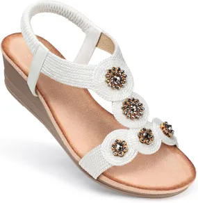 SHIBEVER Womens Sandals Wedge Low: Open Toe Elastic Ankle Strap Wedge Sandal - Dressy Sandals Women - Comfortable Summer