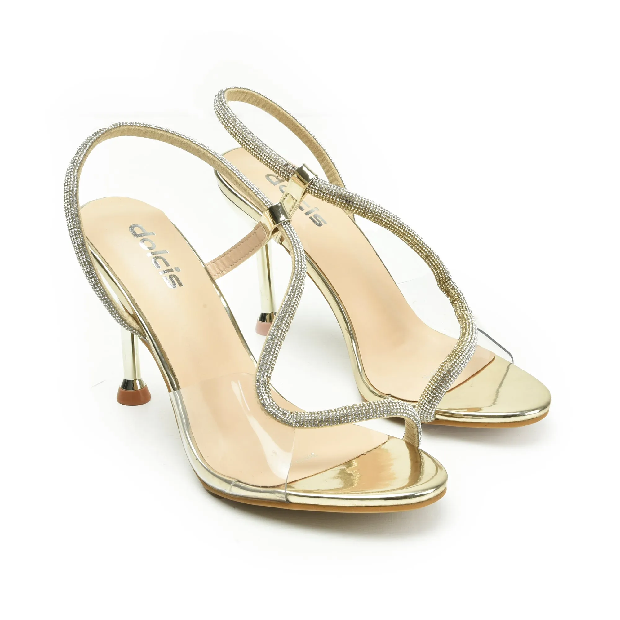 Stylish Gold High Heel Sandals with Clear Strap | 264G-X
