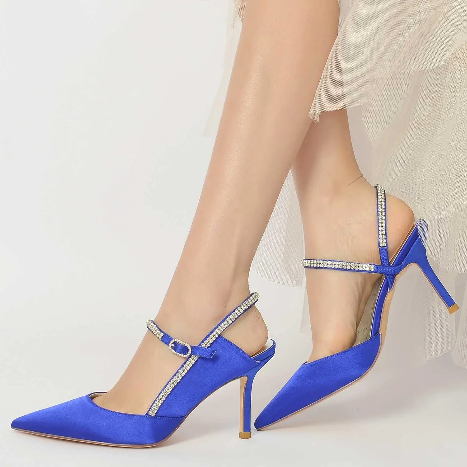 TarfiC Women's Low Heel Mary Jane Sandals with Rhinestones - Pointed Toe, Stylish Bridal & Summer Wedding Shoes, Elegant Stiletto Accent