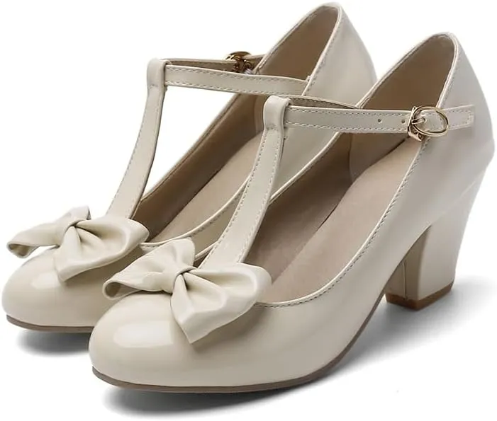 Unisex Round Toe Mary Jane Chunky Mid Heel Bow Pumps Wedding Party Shoes