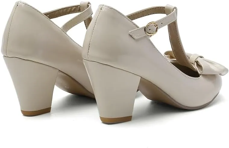 Unisex Round Toe Mary Jane Chunky Mid Heel Bow Pumps Wedding Party Shoes
