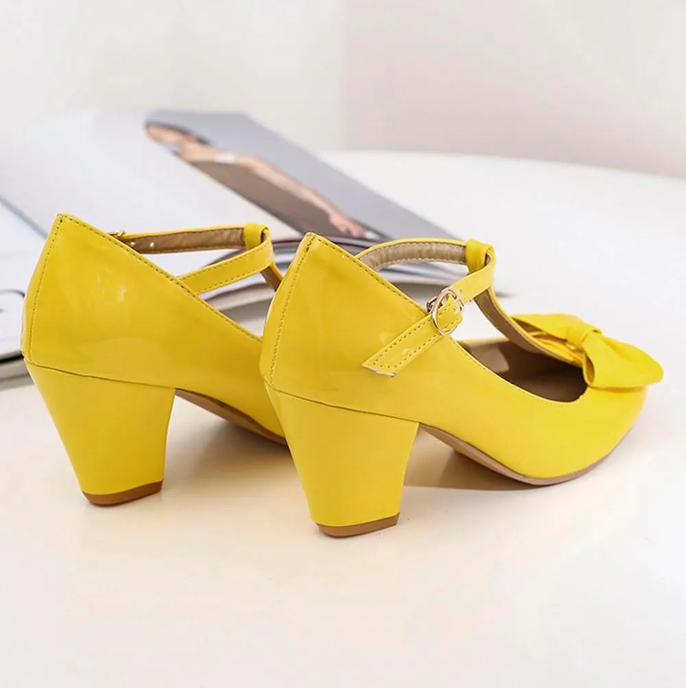 Unisex Round Toe Mary Jane Chunky Mid Heel Bow Pumps Wedding Party Shoes