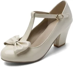 Unisex Round Toe Mary Jane Chunky Mid Heel Bow Pumps Wedding Party Shoes