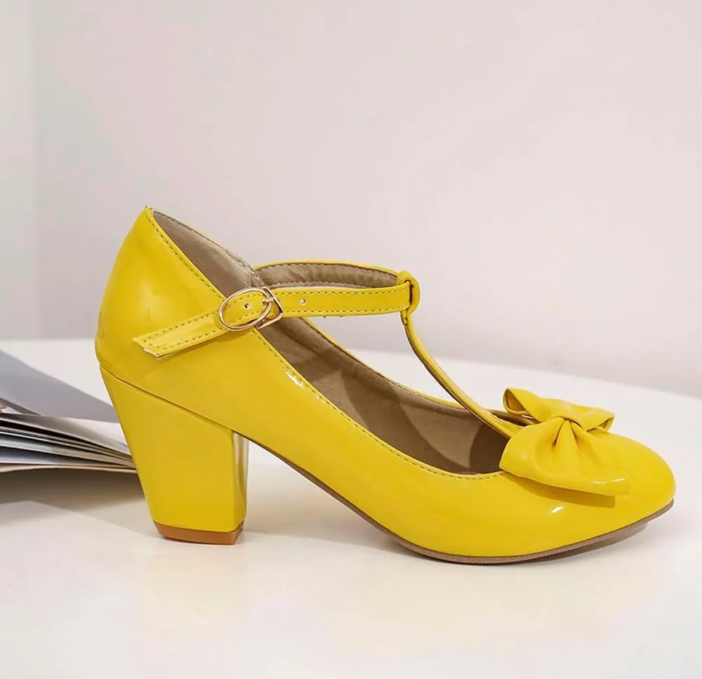 Unisex Round Toe Mary Jane Chunky Mid Heel Bow Pumps Wedding Party Shoes