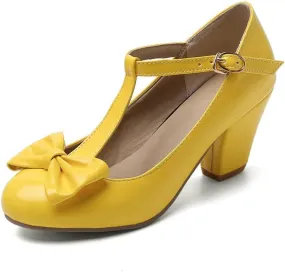 Unisex Round Toe Mary Jane Chunky Mid Heel Bow Pumps Wedding Party Shoes