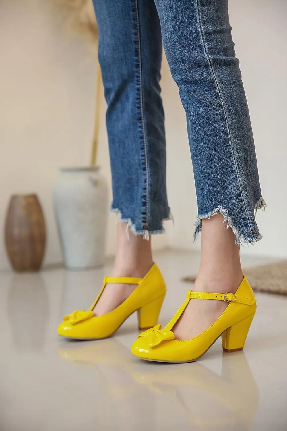 Unisex Round Toe Mary Jane Chunky Mid Heel Bow Pumps Wedding Party Shoes