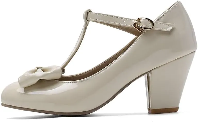 Unisex Round Toe Mary Jane Chunky Mid Heel Bow Pumps Wedding Party Shoes