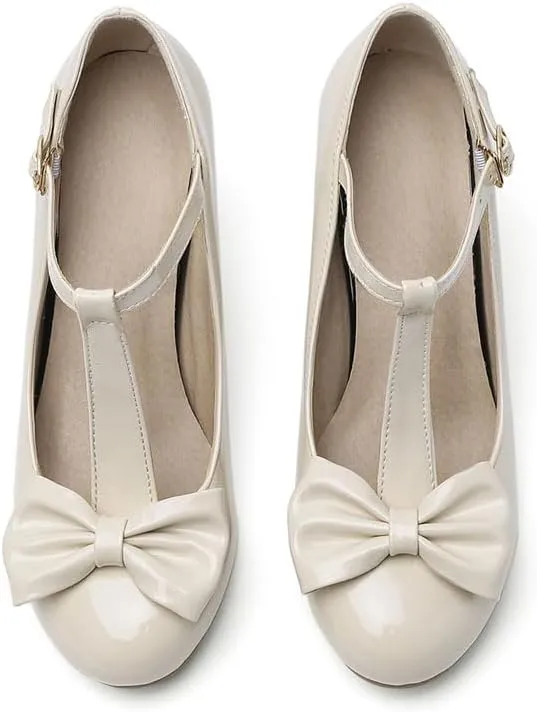 Unisex Round Toe Mary Jane Chunky Mid Heel Bow Pumps Wedding Party Shoes