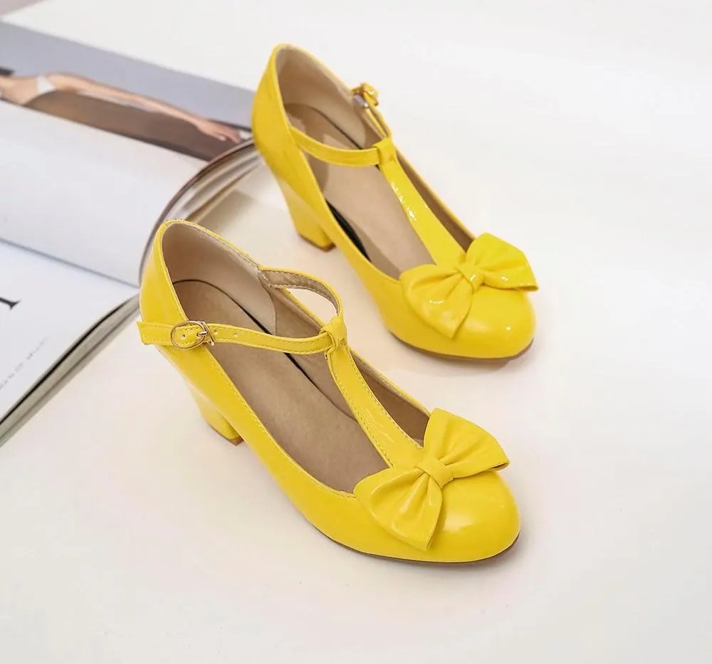 Unisex Round Toe Mary Jane Chunky Mid Heel Bow Pumps Wedding Party Shoes