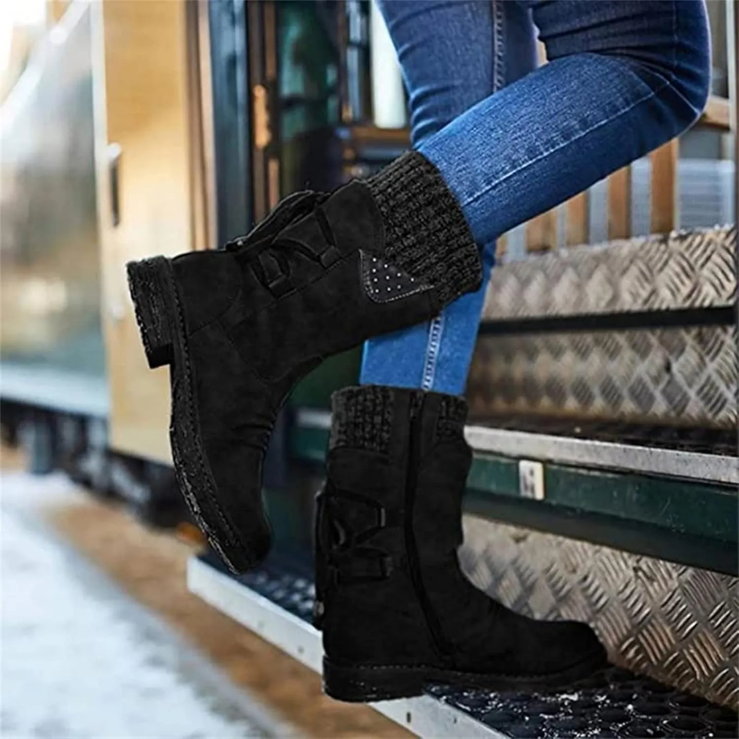 Winter Boots For Women Fashion 2022 Outdoor Walking Mid Calf Lace Up Side Zipper Low Heel Platform Military Combat Boot