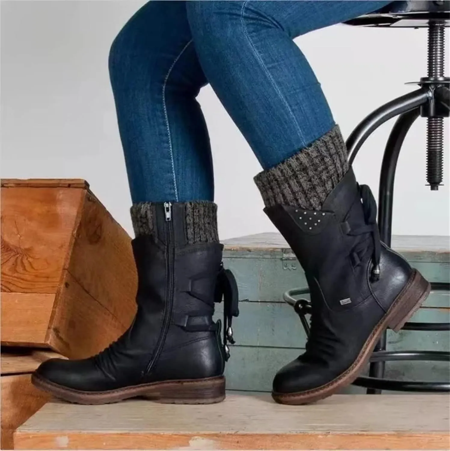 Winter Boots For Women Fashion 2022 Outdoor Walking Mid Calf Lace Up Side Zipper Low Heel Platform Military Combat Boot