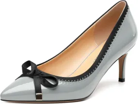 Womens Bow Mid Stiletto Pumps Sexy Patent Pointed Toe Evening Wedding Stiletto Mid Heel Pumps Dress Shoes 2.5 Inch