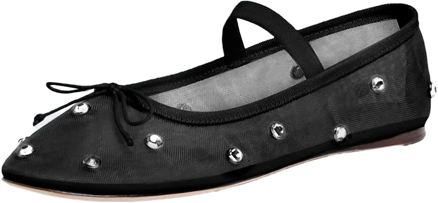 Women's Crystal Mesh Ballet Flats Shoes Round Toe Slip On Ballerina Flats for Women Rhinestone Flats Shoes Dressy Comfortable Casual Styles Mary Jane