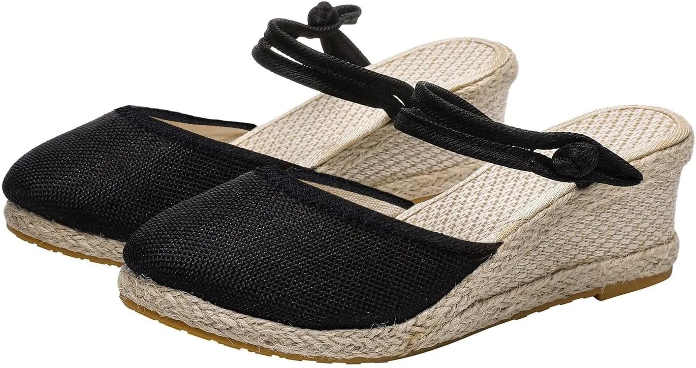 Womens Sandals Closed Toe Espadrille Wedge Sandals Buckle Strap Ladies Espadrilles Wedge Sandals Casual Footwear Outdoor Sandals Dressy Summer Flat