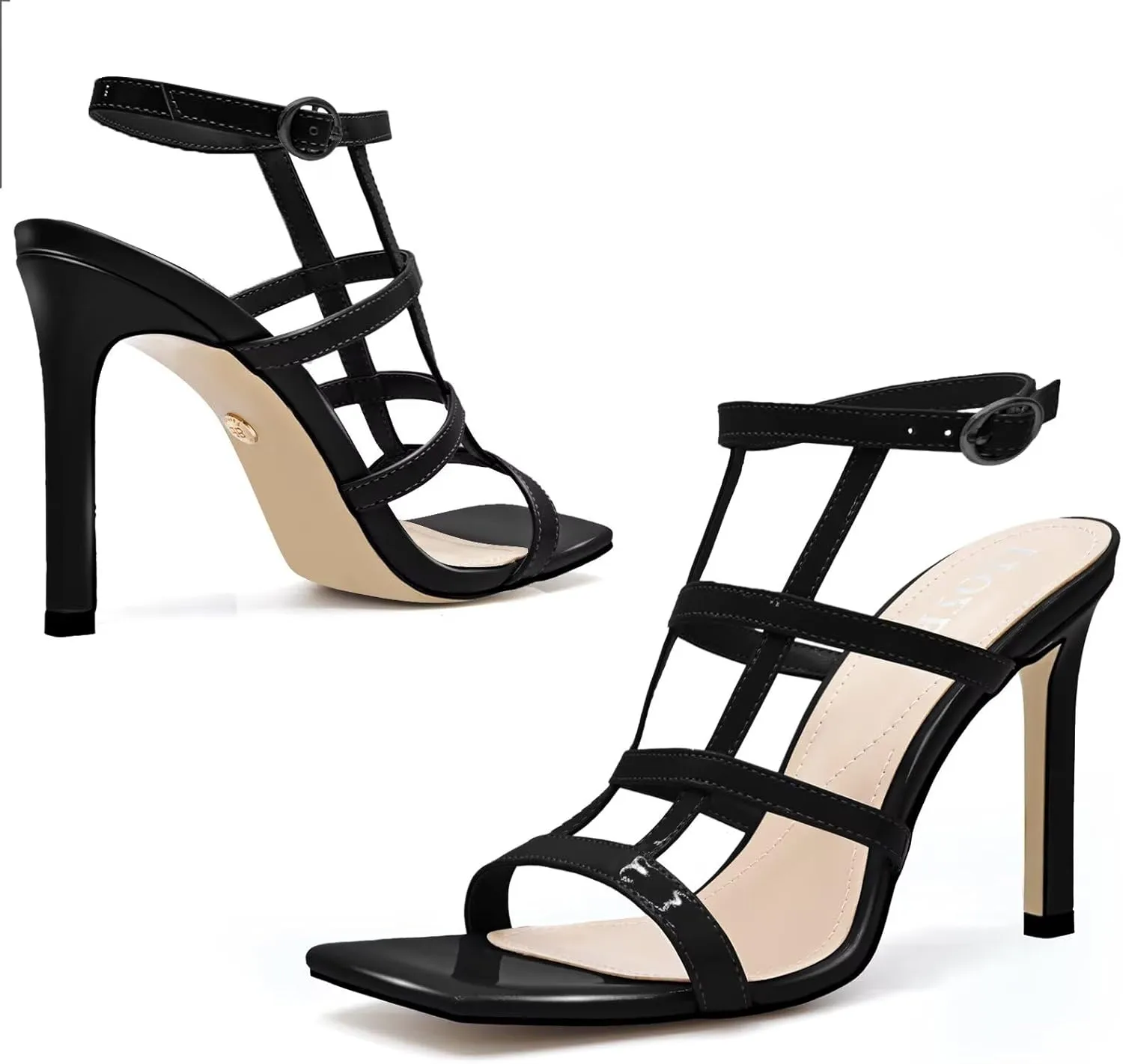 Womens Strappy Heeled Sandals Stilettos High Heels Square Open Toe Heels Buckle Ankle Wedding Party Dress Heels