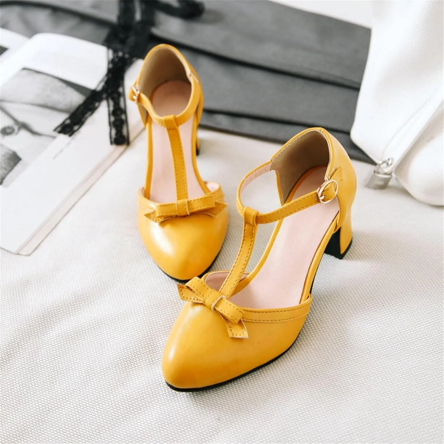 Women's Sweet Bow D'Orsay Pointed Closed Toe Pumps Buckle T-Strap Loafers Comfortable Chunky Mid Heels Office Concise Cosplay Work Casual Mary Jane Daily Wear Fashion Business Dress Shoes