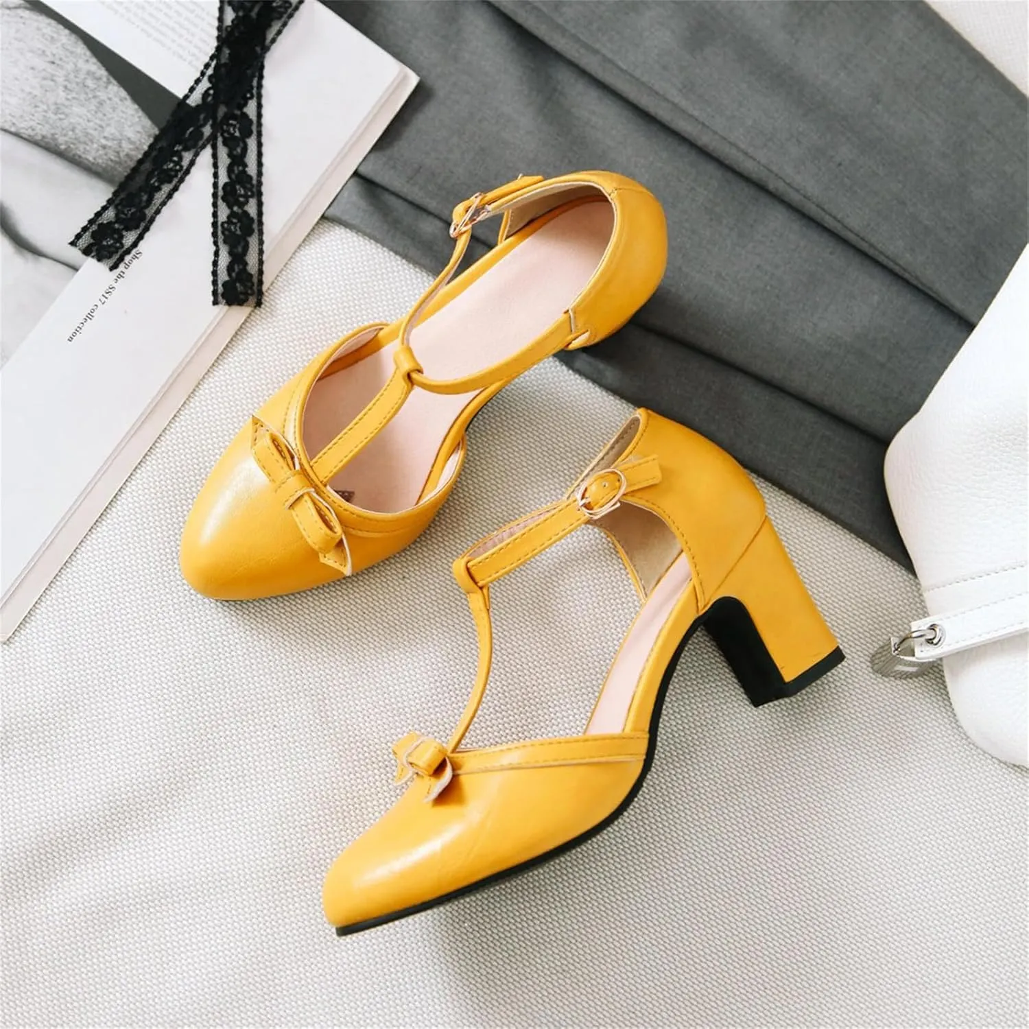Women's Sweet Bow D'Orsay Pointed Closed Toe Pumps Buckle T-Strap Loafers Comfortable Chunky Mid Heels Office Concise Cosplay Work Casual Mary Jane Daily Wear Fashion Business Dress Shoes