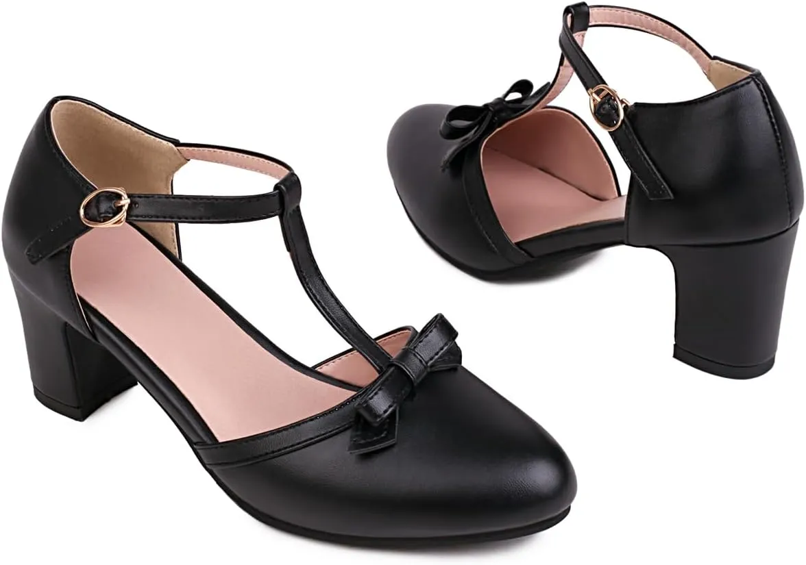 Women's Sweet Bow D'Orsay Pointed Closed Toe Pumps Buckle T-Strap Loafers Comfortable Chunky Mid Heels Office Concise Cosplay Work Casual Mary Jane Daily Wear Fashion Business Dress Shoes