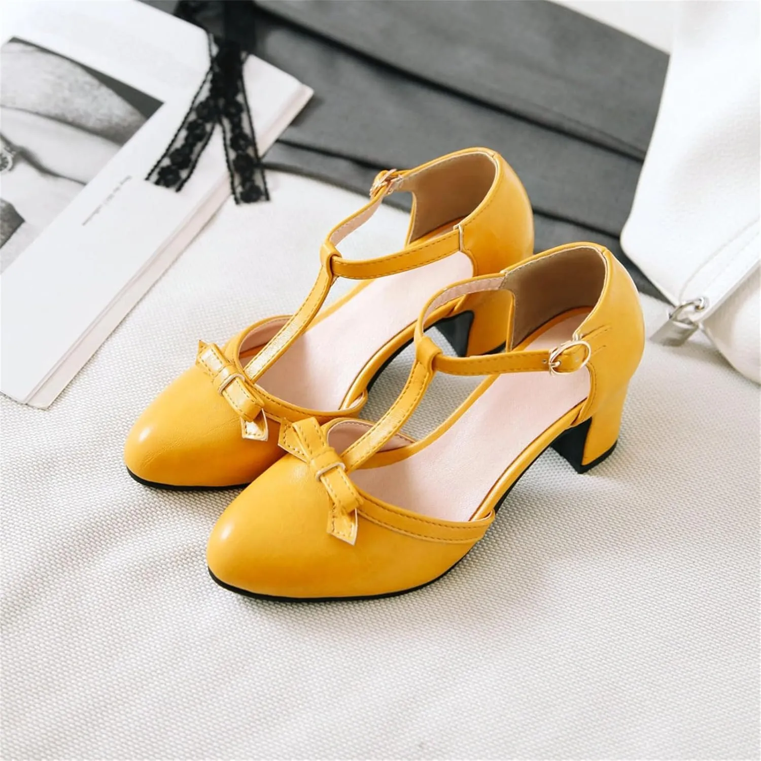 Women's Sweet Bow D'Orsay Pointed Closed Toe Pumps Buckle T-Strap Loafers Comfortable Chunky Mid Heels Office Concise Cosplay Work Casual Mary Jane Daily Wear Fashion Business Dress Shoes