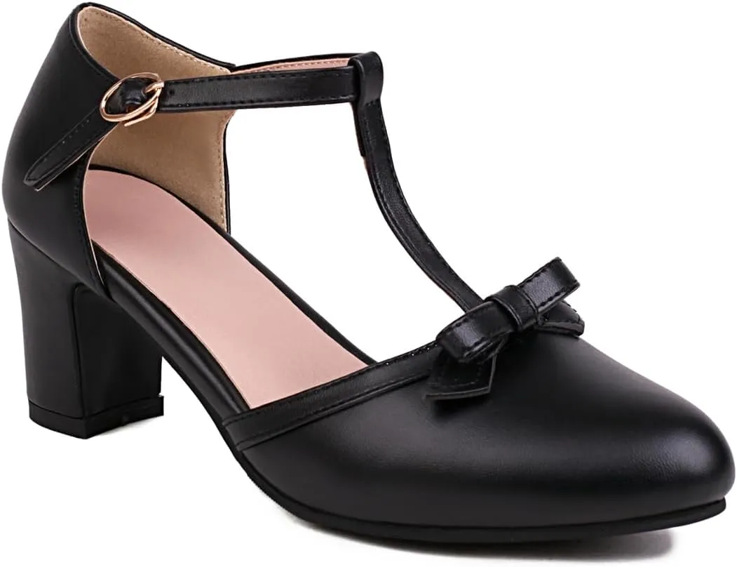 Women's Sweet Bow D'Orsay Pointed Closed Toe Pumps Buckle T-Strap Loafers Comfortable Chunky Mid Heels Office Concise Cosplay Work Casual Mary Jane Daily Wear Fashion Business Dress Shoes