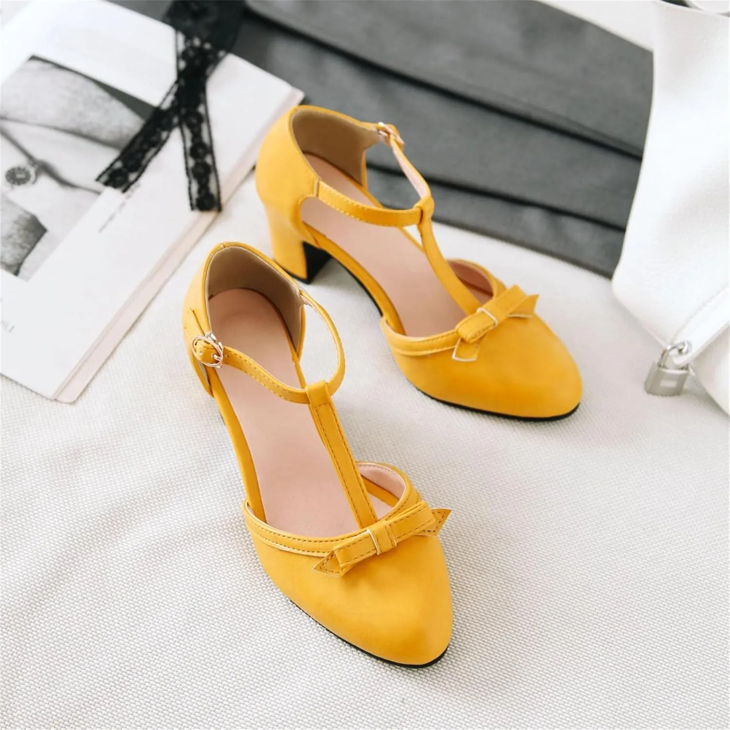 Women's Sweet Bow D'Orsay Pointed Closed Toe Pumps Buckle T-Strap Loafers Comfortable Chunky Mid Heels Office Concise Cosplay Work Casual Mary Jane Daily Wear Fashion Business Dress Shoes