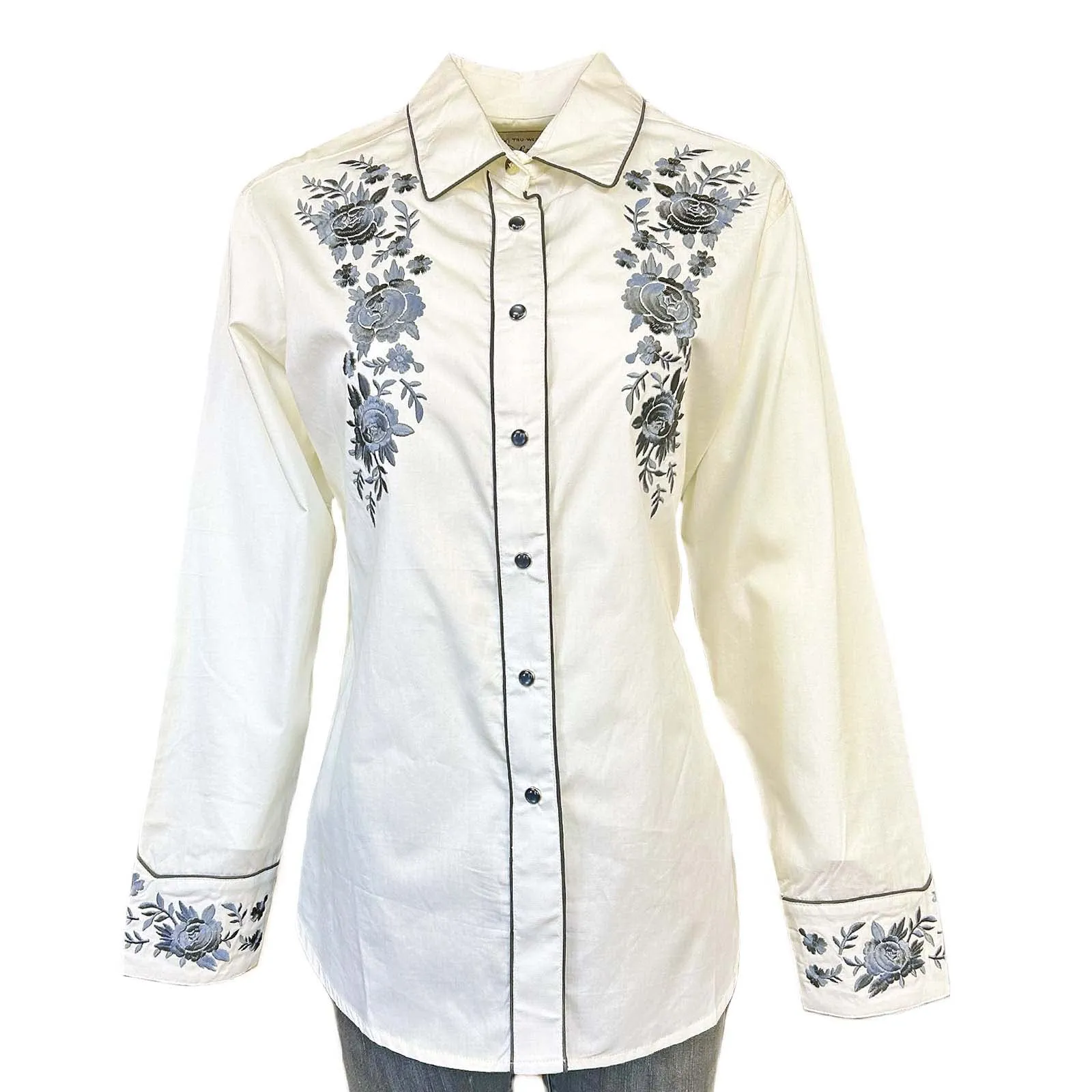 Women's Vintage Cascading Floral Embroidery Ivory Western Shirt
